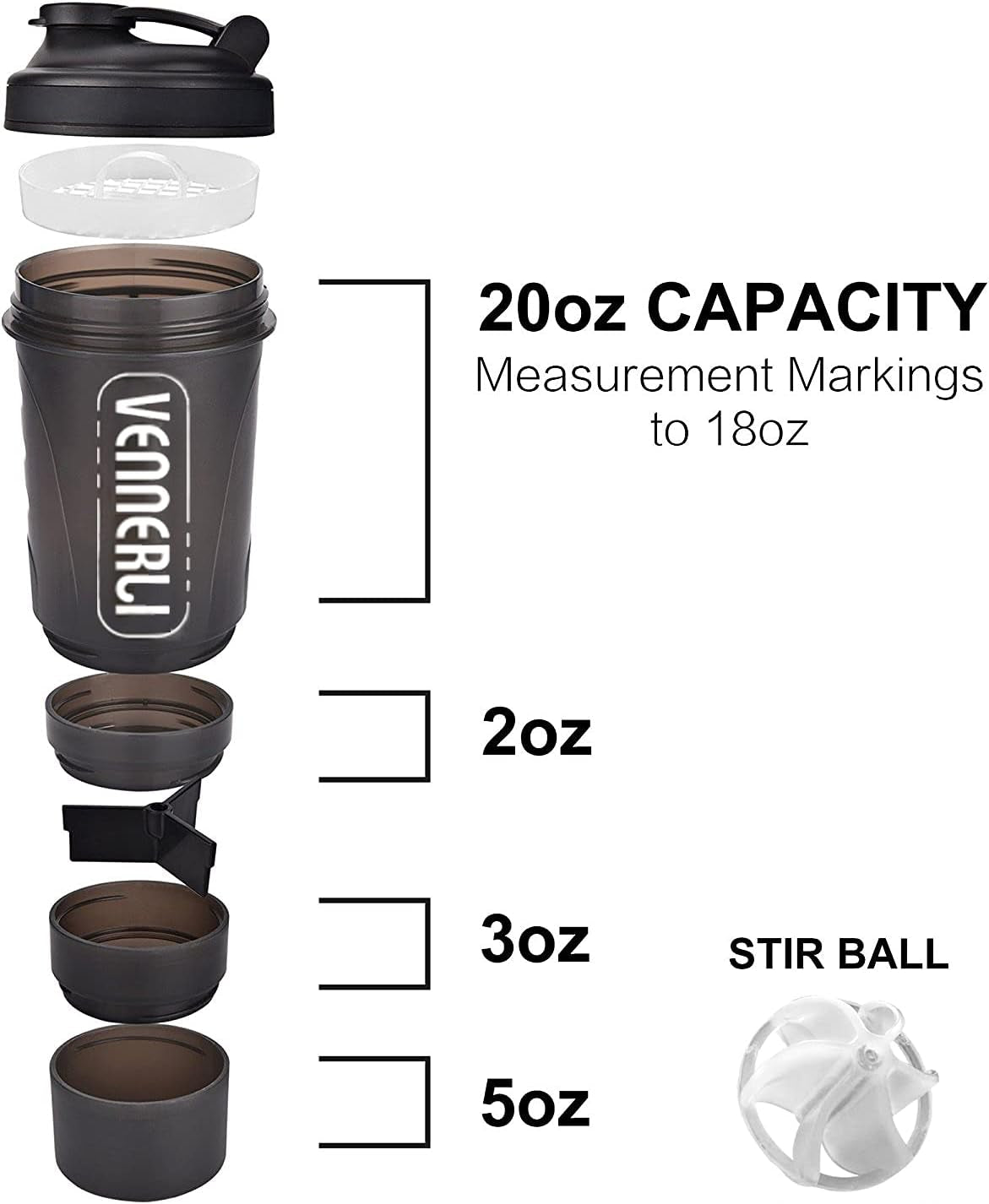 Protein Shaker Bottle 20Oz Shaker Cup with Ball Shaker Bottle for Protein Mixes 600Ml Gym Water Bottle with Storage Bpa-Free Sports Water Bottle for Fitness, Traveling, Indoor and Outdoor Activity (Black)