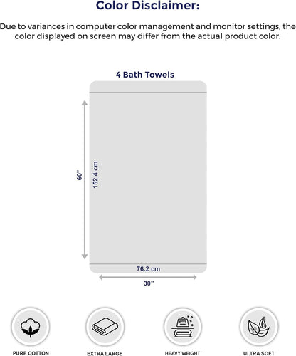 Pack of 4 XL Bath Towels 30 X 60 Inches, Extra Large, 100% Cotton, Heavy Weight, Absorbent & Soft, Perfect for Bathroom, Dark Grey