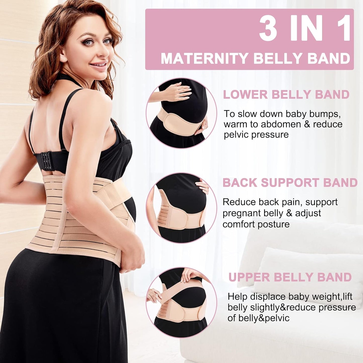 Maternity Belly Band for Pregnancy Belly Support Belt 3 in 1 Belly Brace Bands for Pregnant Women Back/Pelvic Pain Relief Care Adjustable, Beige
