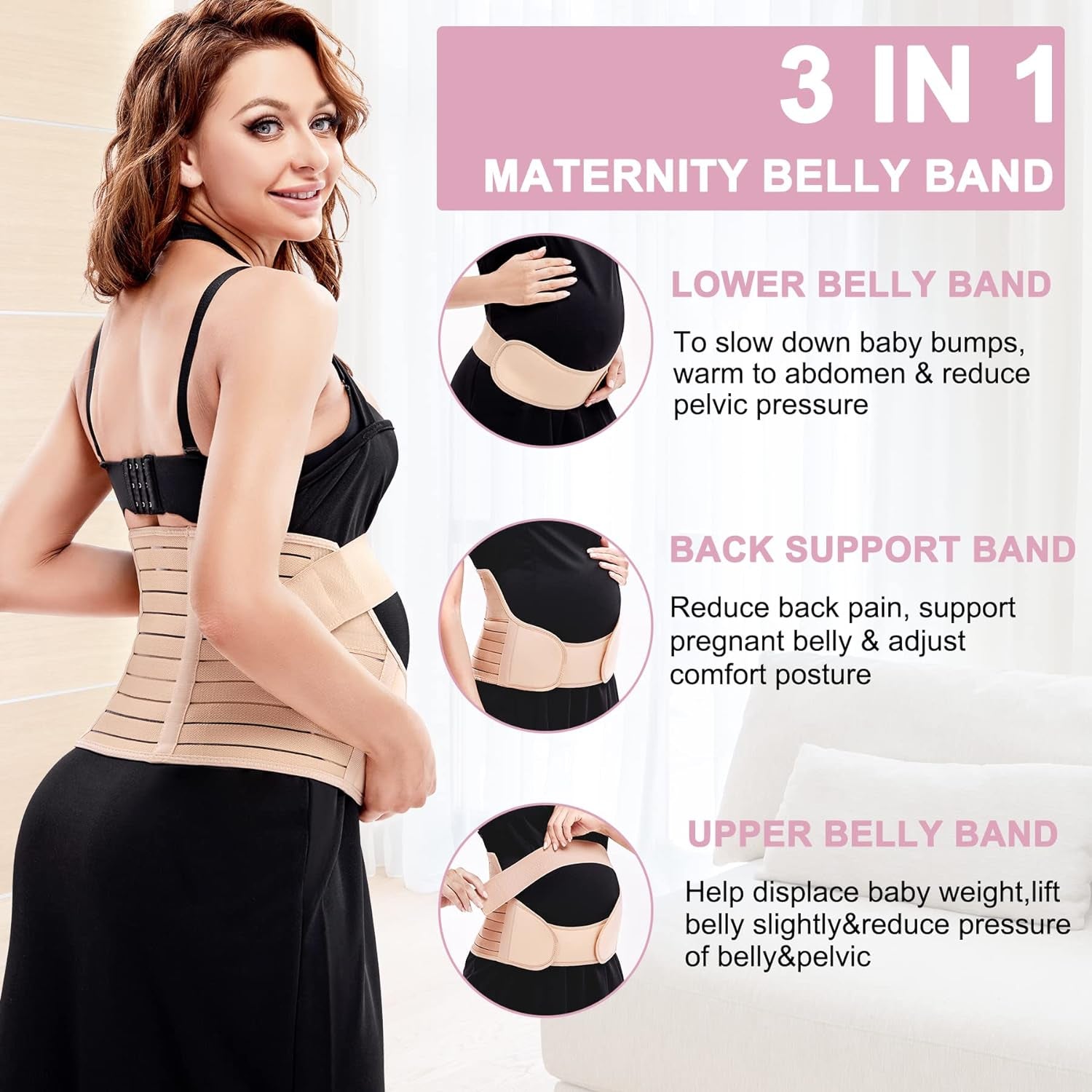 Maternity Belly Band for Pregnancy Belly Support Belt 3 in 1 Belly Brace Bands for Pregnant Women Back/Pelvic Pain Relief Care Adjustable, Beige