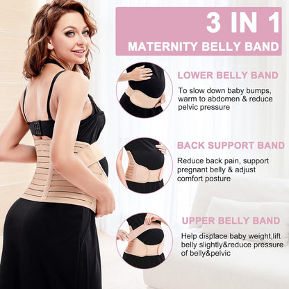 Maternity Belly Band for Pregnancy Belly Support Belt 3 in 1 Belly Brace Bands for Pregnant Women Back/Pelvic Pain Relief Care Adjustable, Beige