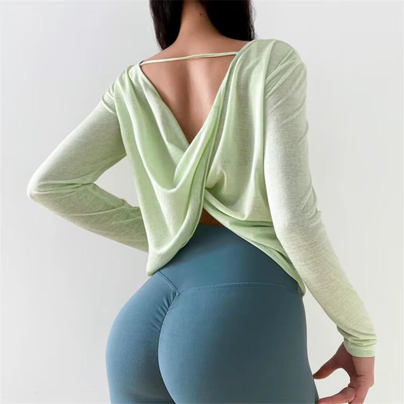 Woman Sexy Back Sports Top Yoga Shirts Long-Sleeved Breathable Gym Workout Running Top Fitness Clothes