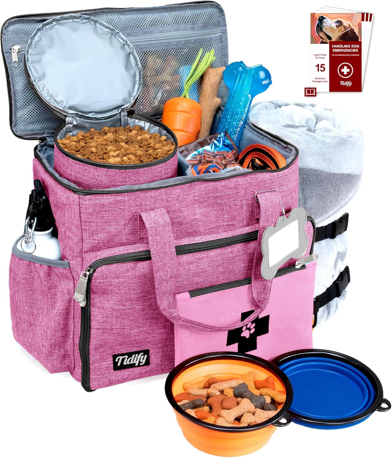 Dog Travel Bag Airline Approved for Dog and Cat Tote Organizer with Multi Function Pockets, 2 Food Containers and Collapsible Bowls, Weekend Away Dog Bag for Travel Accessories (Pink)