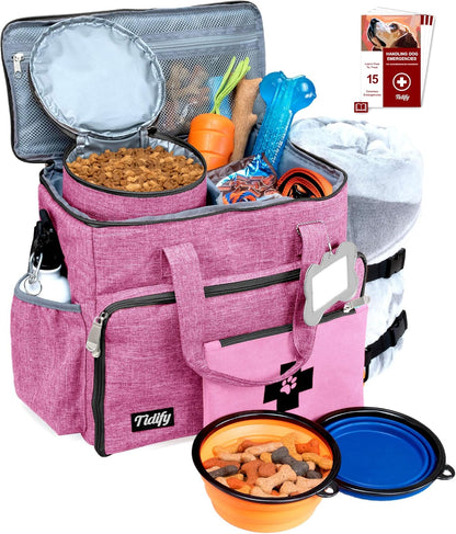 Dog Travel Bag Airline Approved for Dog and Cat Tote Organizer with Multi Function Pockets, 2 Food Containers and Collapsible Bowls, Weekend Away Dog Bag for Travel Accessories (Pink)