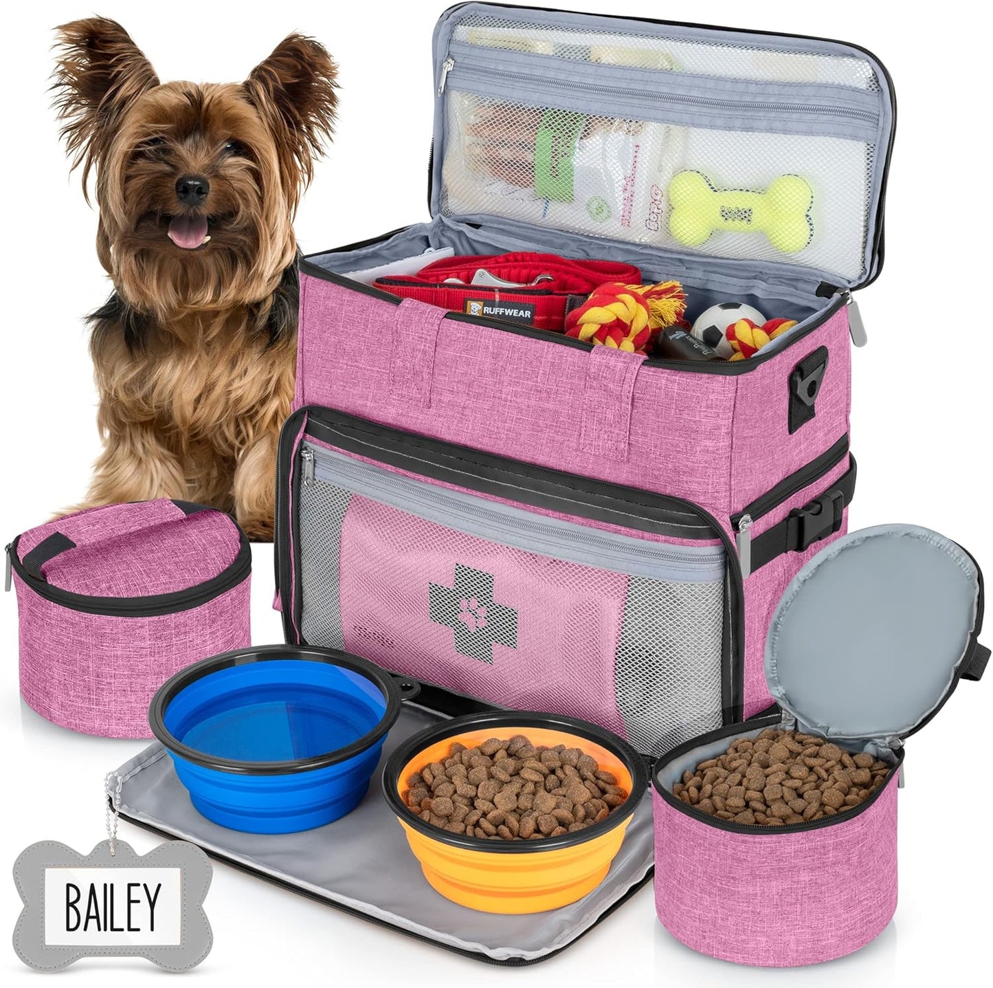 Dog Travel Bag Airline Approved for Dog and Cat Tote Organizer with Multi Function Pockets, 2 Food Containers and Collapsible Bowls, Weekend Away Dog Bag for Travel Accessories (Pink)
