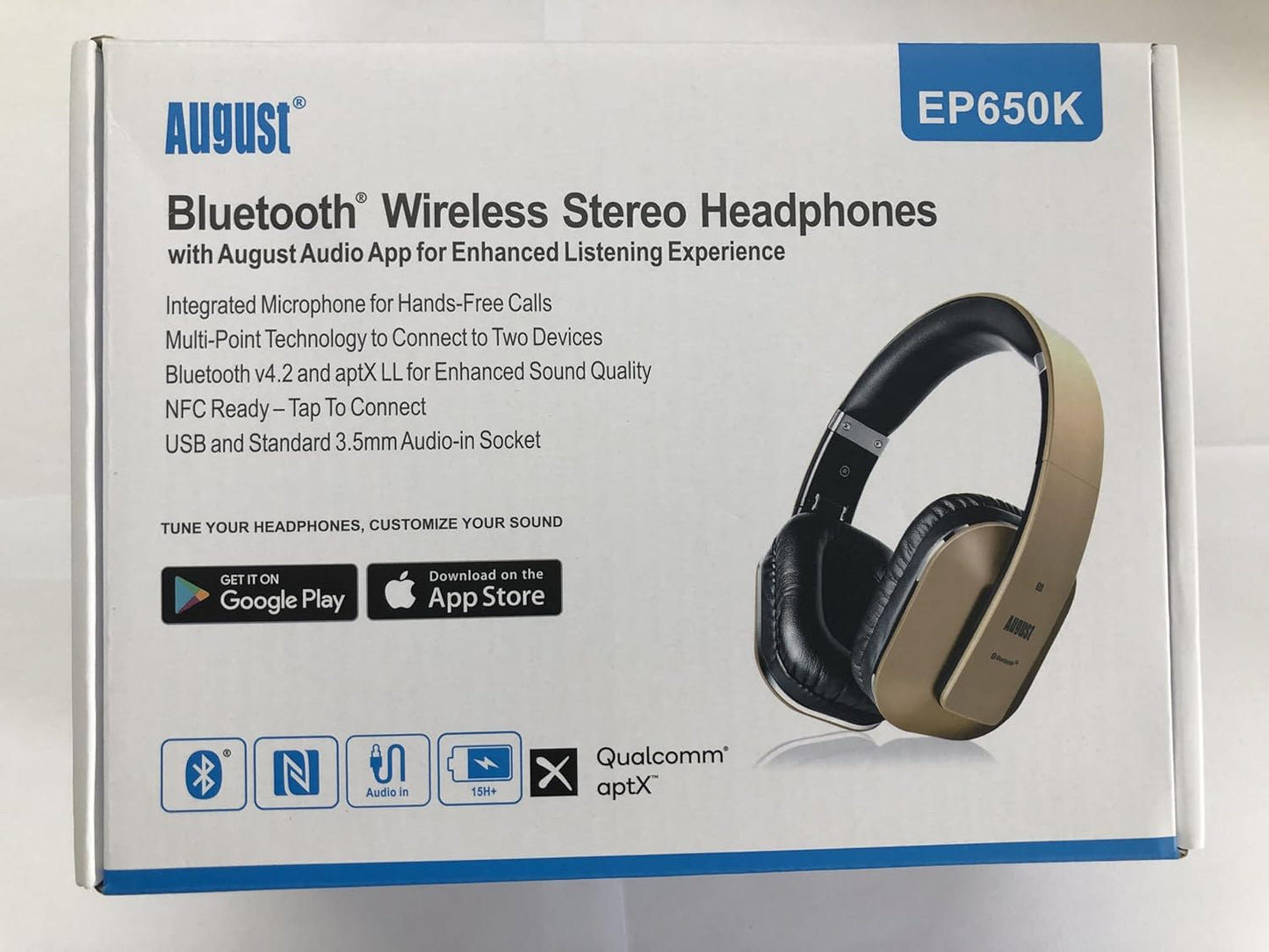 EP650 Bluetooth over Ear Wireless Stereo NFC 3.5Mm Headphones with Rechargeable Battery, Multipoint and Built-In Microphone for Mobile Phones, Iphone, Ipad, Laptops, Tablets, Smartphones - Gold