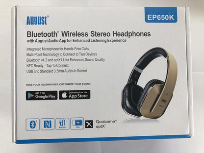 EP650 Bluetooth over Ear Wireless Stereo NFC 3.5Mm Headphones with Rechargeable Battery, Multipoint and Built-In Microphone for Mobile Phones, Iphone, Ipad, Laptops, Tablets, Smartphones - Gold