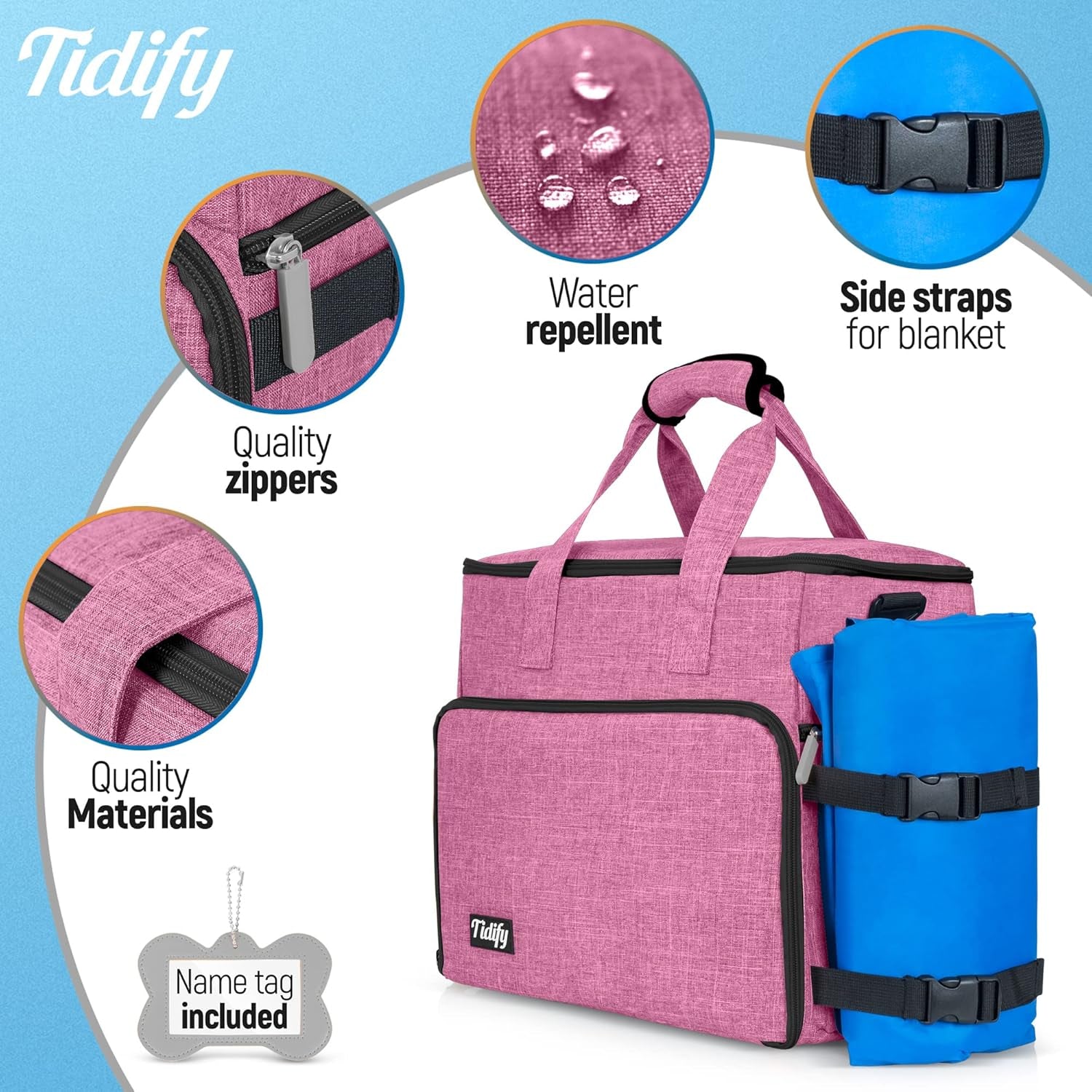 Dog Travel Bag Airline Approved for Dog and Cat Tote Organizer with Multi Function Pockets, 2 Food Containers and Collapsible Bowls, Weekend Away Dog Bag for Travel Accessories (Pink)