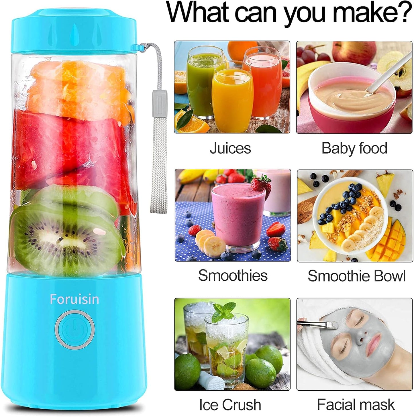 Portable Blender, Personal Blender 14 OZ Smoothie Maker Blender, Personal Smoothie Mixer, Usb Rechargeble Baby Milkshake Mixing with Six Blades, Blue