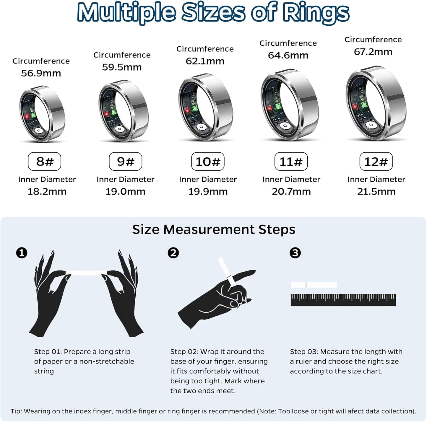 Sleep Tracker Ring with Heart Rate, Waterproof Fitness Ring for Activity Monitoring/Steps/Distance/Calories, Air Gestures, up to 7-Day Battery, for Ios Android (Silver,#12)