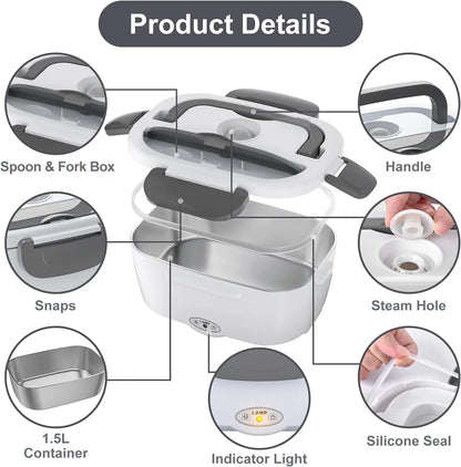 Electric Lunch Box Food Heater,  80W Electric Heating Lunch Boxes for Car/Men/Adults/Home/Work, 1.5L Removable 304 Stainless Steel Container, 110V/12V/24V, with Fork & Spoon