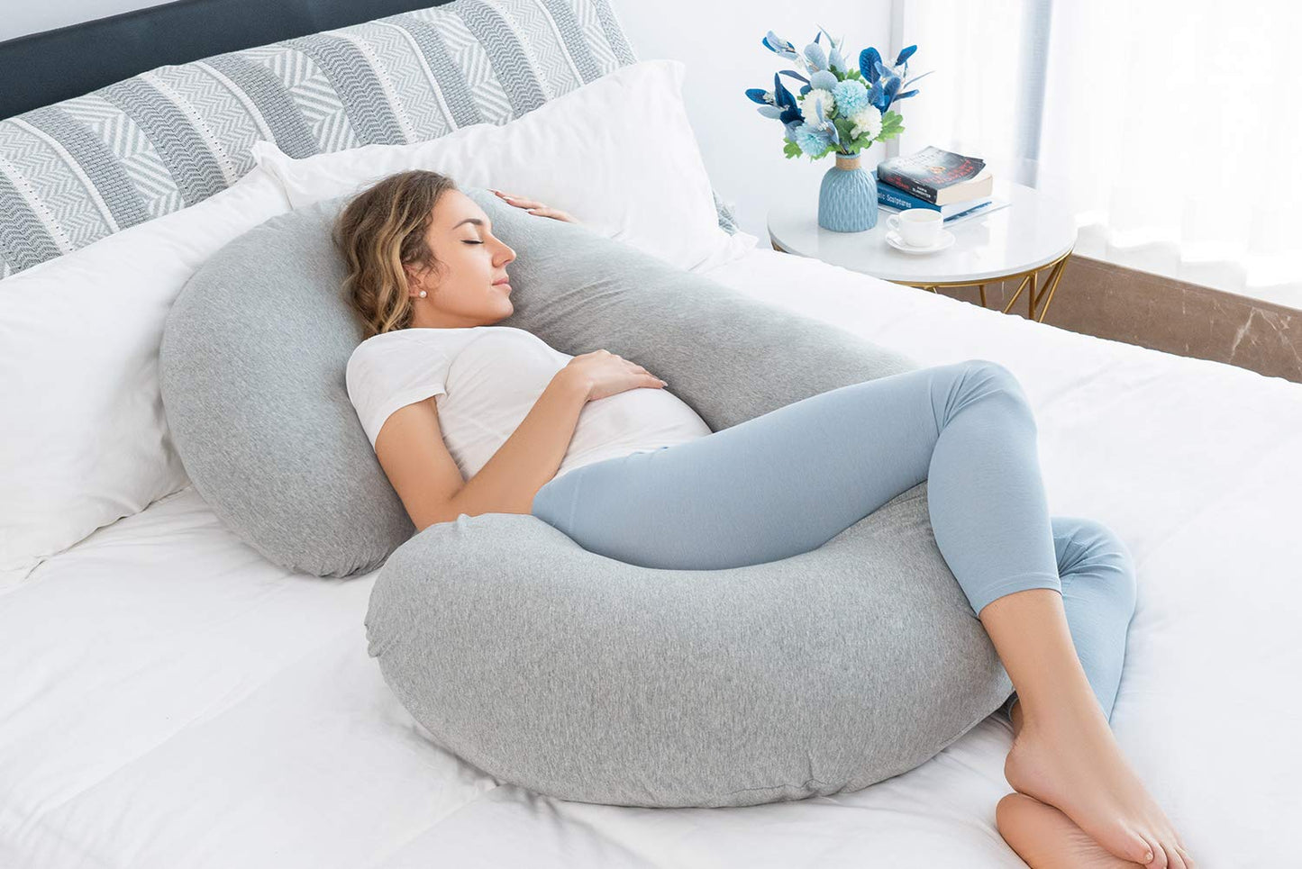 Pregnancy Pillow for Sleeping, Maternity Pillow with Jersey Cotton Cover,C Shaped Body Pillow for Pregnant Women(Grey Jersey)