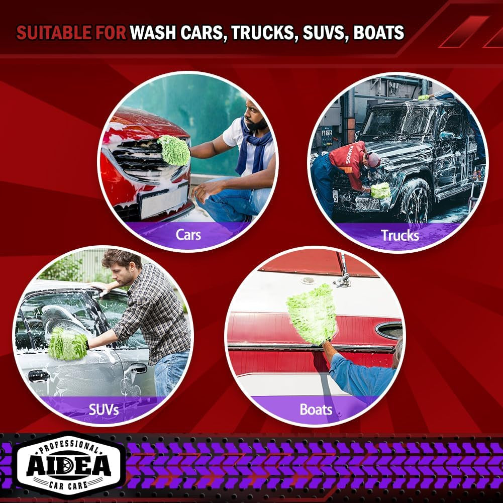 Car Wash Mitt Microfiber, 2PK Scratch Free Lint-Free, Premium Chenille Microfiber Mitt Car Wash Brush, Green, Regular Size 7.12''X10.14''