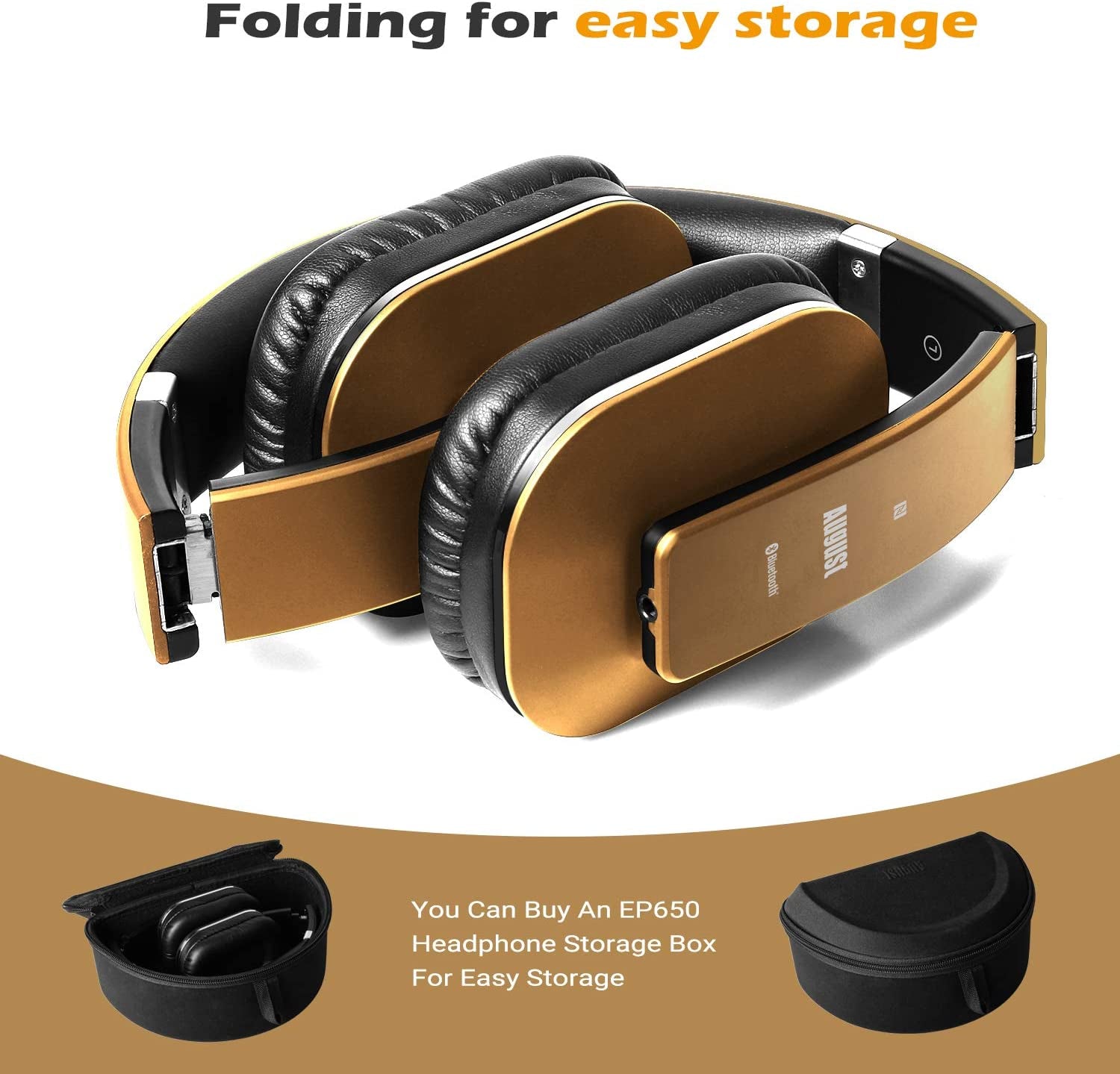 EP650 Bluetooth over Ear Wireless Stereo NFC 3.5Mm Headphones with Rechargeable Battery, Multipoint and Built-In Microphone for Mobile Phones, Iphone, Ipad, Laptops, Tablets, Smartphones - Gold