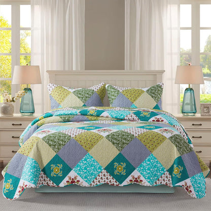 Quilt Set King Size - 3 Piece Microfiber Bedspread Reversible Coverlet Patchwork Bedding Set Lightweight Bedcover Floral Bedspreads All Season Quilts-Turquoise