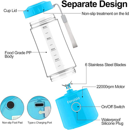 Portable Blender, Personal Blender 14 OZ Smoothie Maker Blender, Personal Smoothie Mixer, Usb Rechargeble Baby Milkshake Mixing with Six Blades, Blue