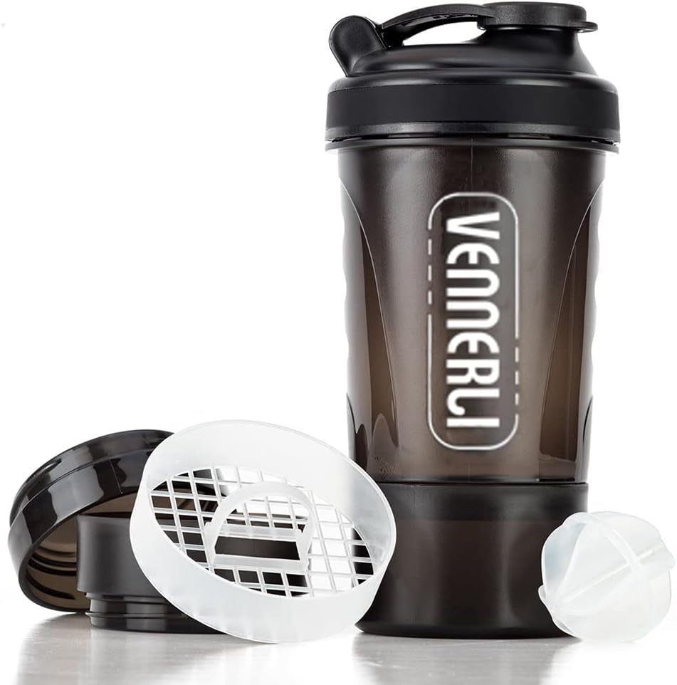 Protein Shaker Bottle 20Oz Shaker Cup with Ball Shaker Bottle for Protein Mixes 600Ml Gym Water Bottle with Storage Bpa-Free Sports Water Bottle for Fitness, Traveling, Indoor and Outdoor Activity (Black)