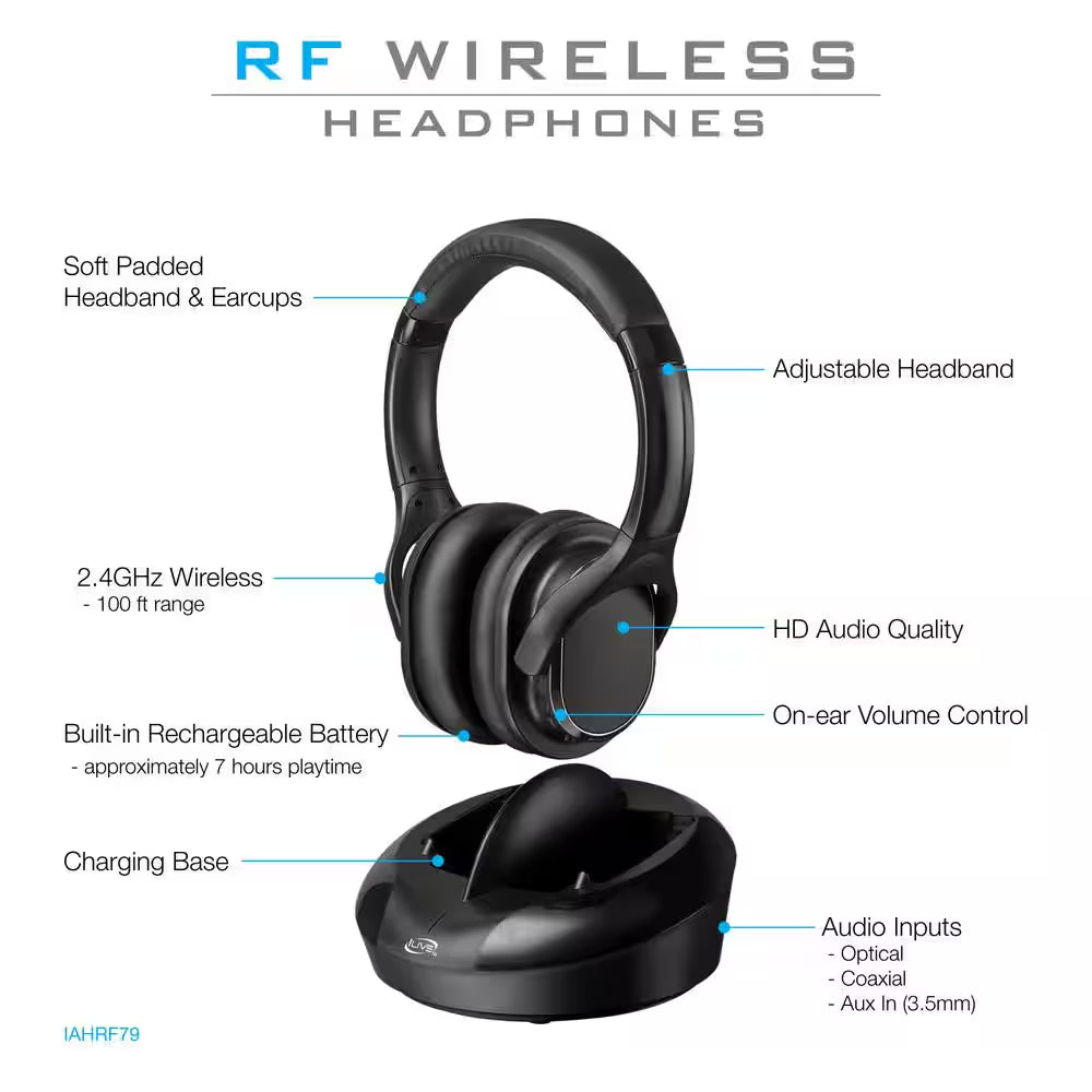 Wireless Radio Frequency Headphones with Charging Dock