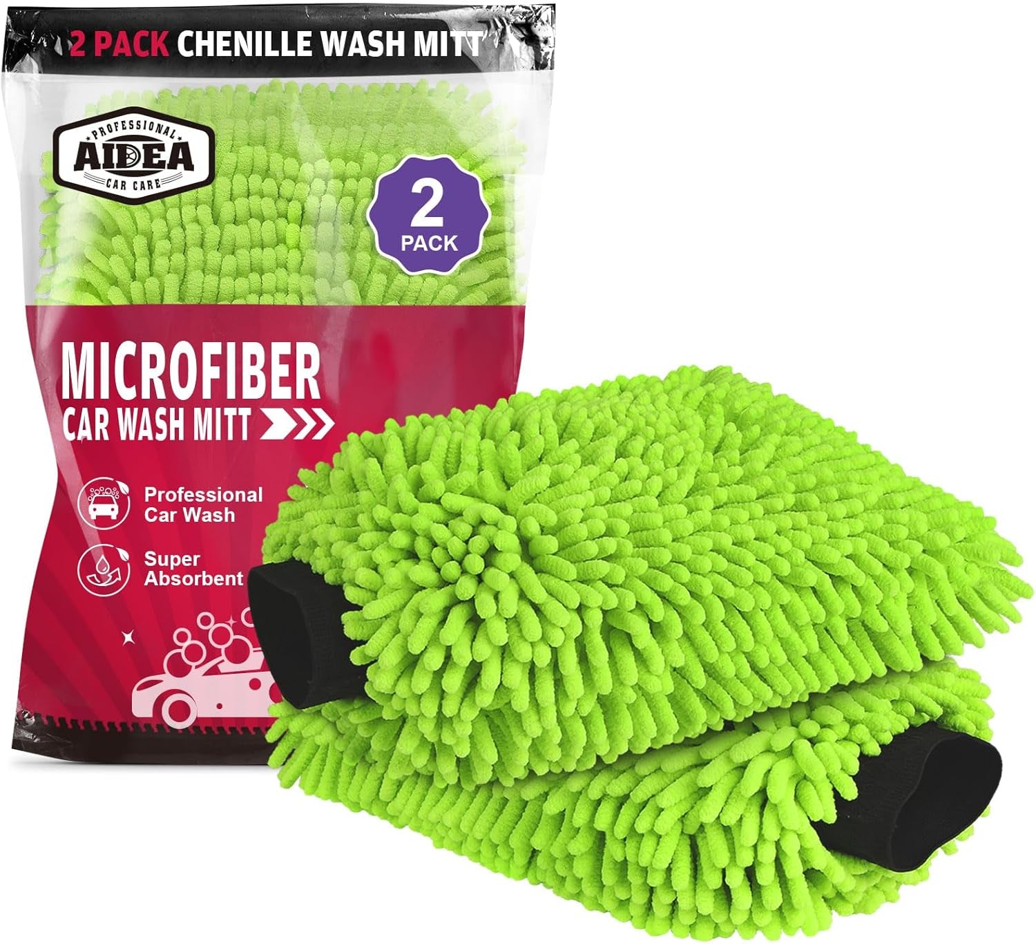 Car Wash Mitt Microfiber, 2PK Scratch Free Lint-Free, Premium Chenille Microfiber Mitt Car Wash Brush, Green, Regular Size 7.12''X10.14''