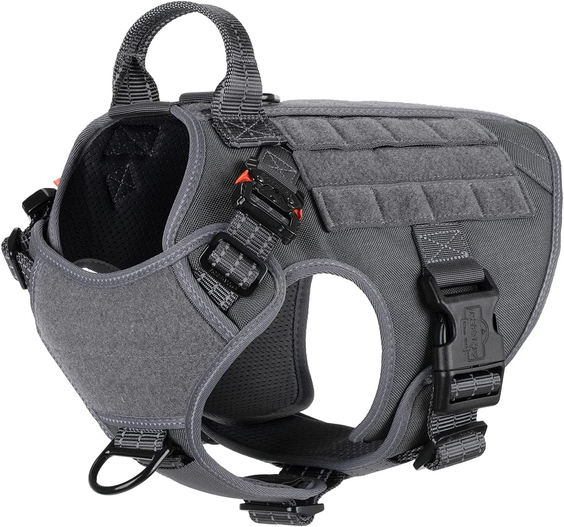 Tactical Dog Harness, Medium Size,2X Metal Buckle,Working Dog MOLLE Vest with Handle,No Pulling Front Leash Clip,Hook and Loop Panel (Grey,M (Pack of 1))