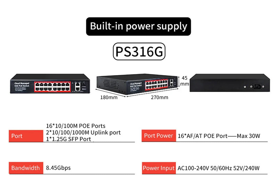 Cloud-Managed POE Switch 4/8/16 Port 48V Active POE Desktop 100/1000Mbps SFP APP Control Switch Pulg and Play IP Camera