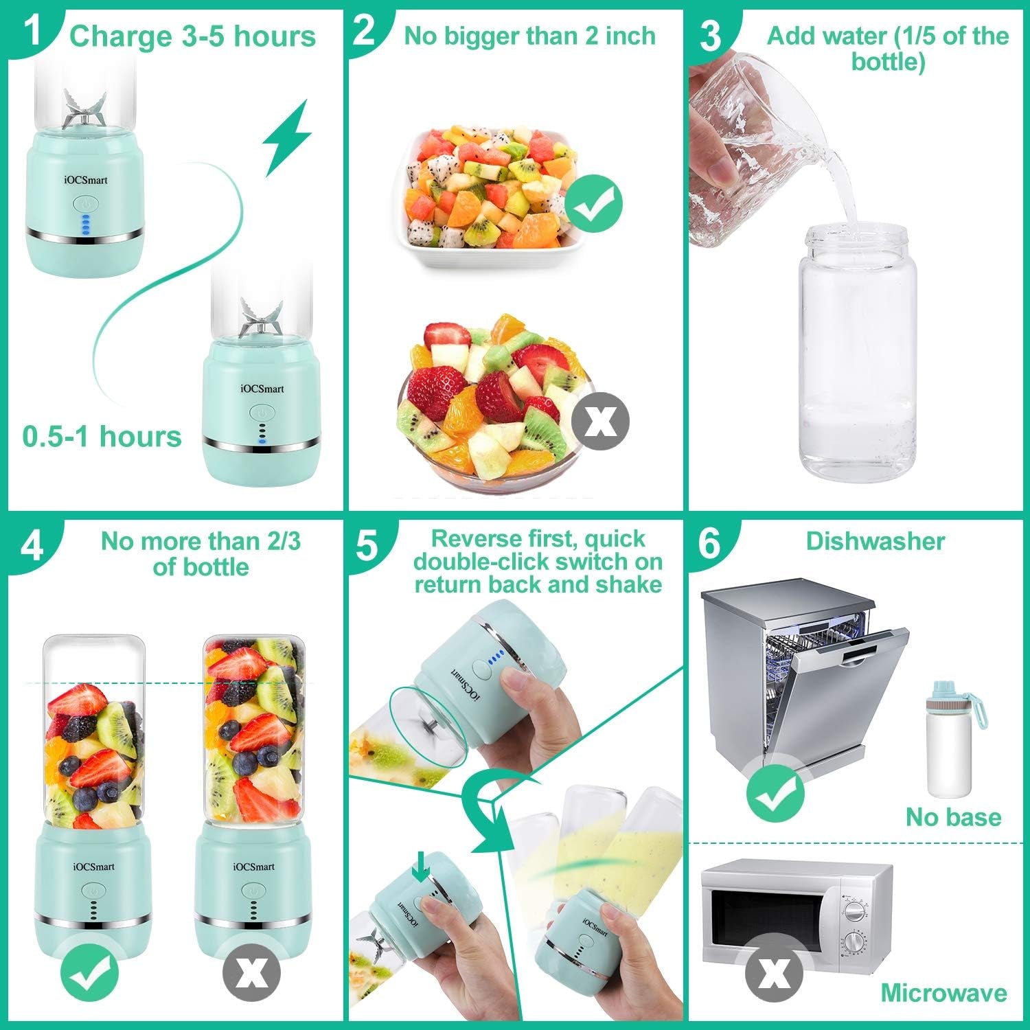 Portable Blender on the Go, Mini Juicer Blender for Shakes and Smoothies, Personal Blender USB Rechargeable with 2 Juice Cup (Blue)