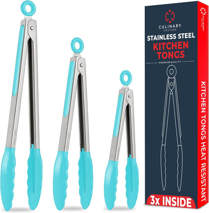 Kitchen Tongs for Cooking with Silicone Tips, Heat Resistant Tongs for Serving Food, 7-Inch, 9-Inch, 12-Inch Locking Silicone Tong, Set of 3 Salad Tong, Aqua Kitchen Utensils