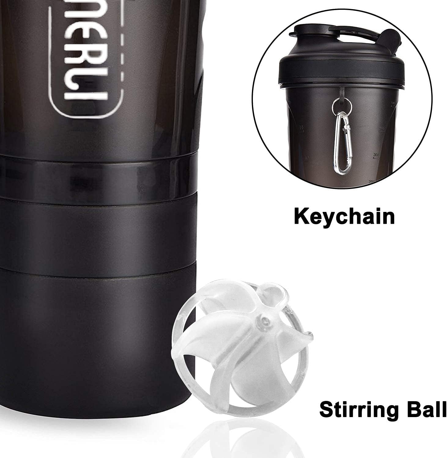 Protein Shaker Bottle 20Oz Shaker Cup with Ball Shaker Bottle for Protein Mixes 600Ml Gym Water Bottle with Storage Bpa-Free Sports Water Bottle for Fitness, Traveling, Indoor and Outdoor Activity (Black)