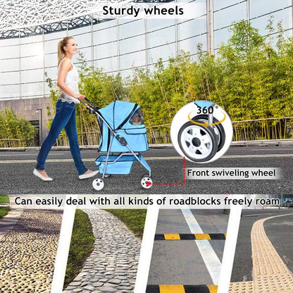 Pet Stroller Joggers Cat Dog Cage 3 Wheel Travel Folding Carriage Strollers with Cup Holder and Removable Pad