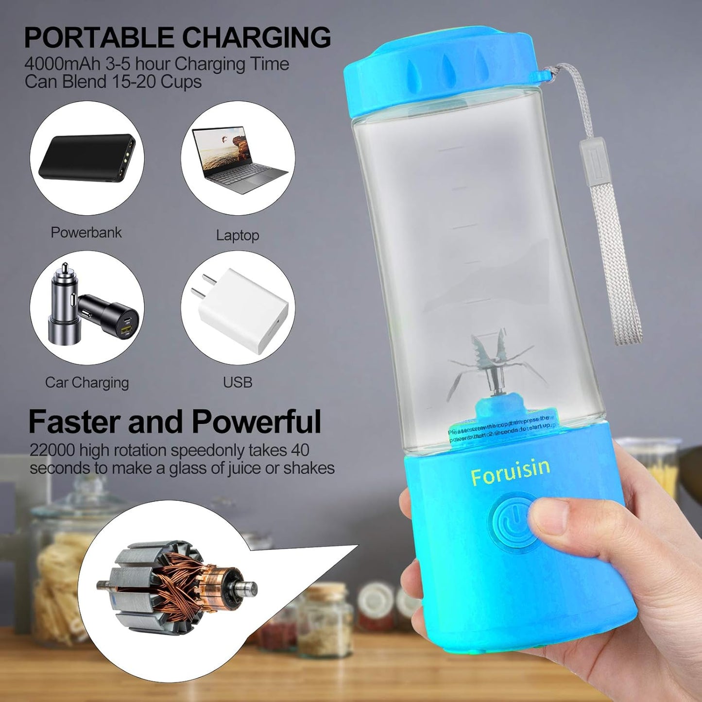Portable Blender, Personal Blender 14 OZ Smoothie Maker Blender, Personal Smoothie Mixer, Usb Rechargeble Baby Milkshake Mixing with Six Blades, Blue
