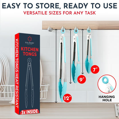 Kitchen Tongs for Cooking with Silicone Tips, Heat Resistant Tongs for Serving Food, 7-Inch, 9-Inch, 12-Inch Locking Silicone Tong, Set of 3 Salad Tong, Aqua Kitchen Utensils