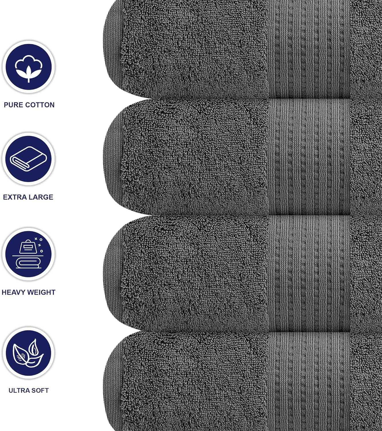 Pack of 4 XL Bath Towels 30 X 60 Inches, Extra Large, 100% Cotton, Heavy Weight, Absorbent & Soft, Perfect for Bathroom, Dark Grey