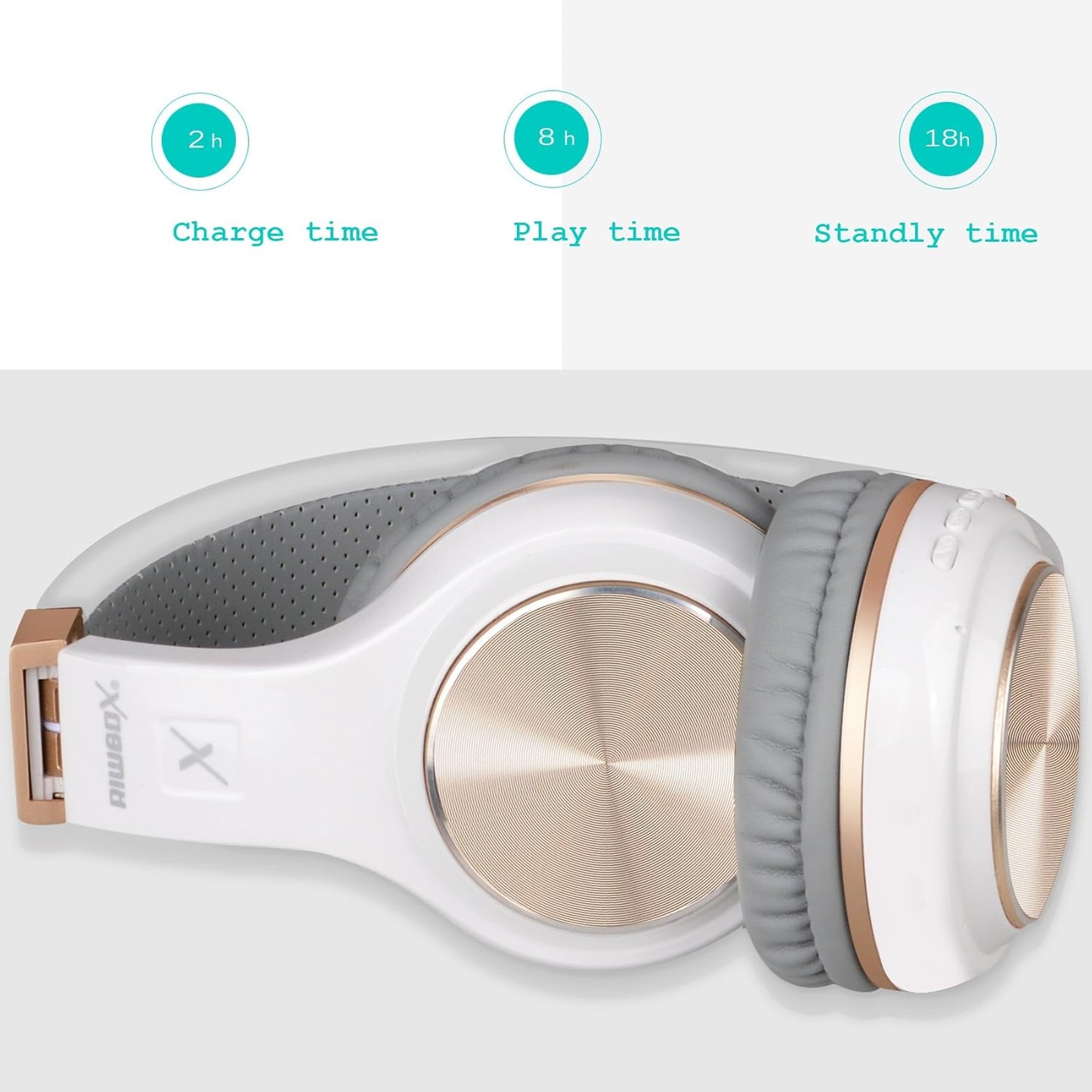 Bluetooth Headphones, XBT-80 Folding Stereo Wireless Bluetooth Headphones over Ear with Microphone and Volume Control, Wireless and Wired Headset for Pc/Cell Phones/Tv/Gym (White Gold)