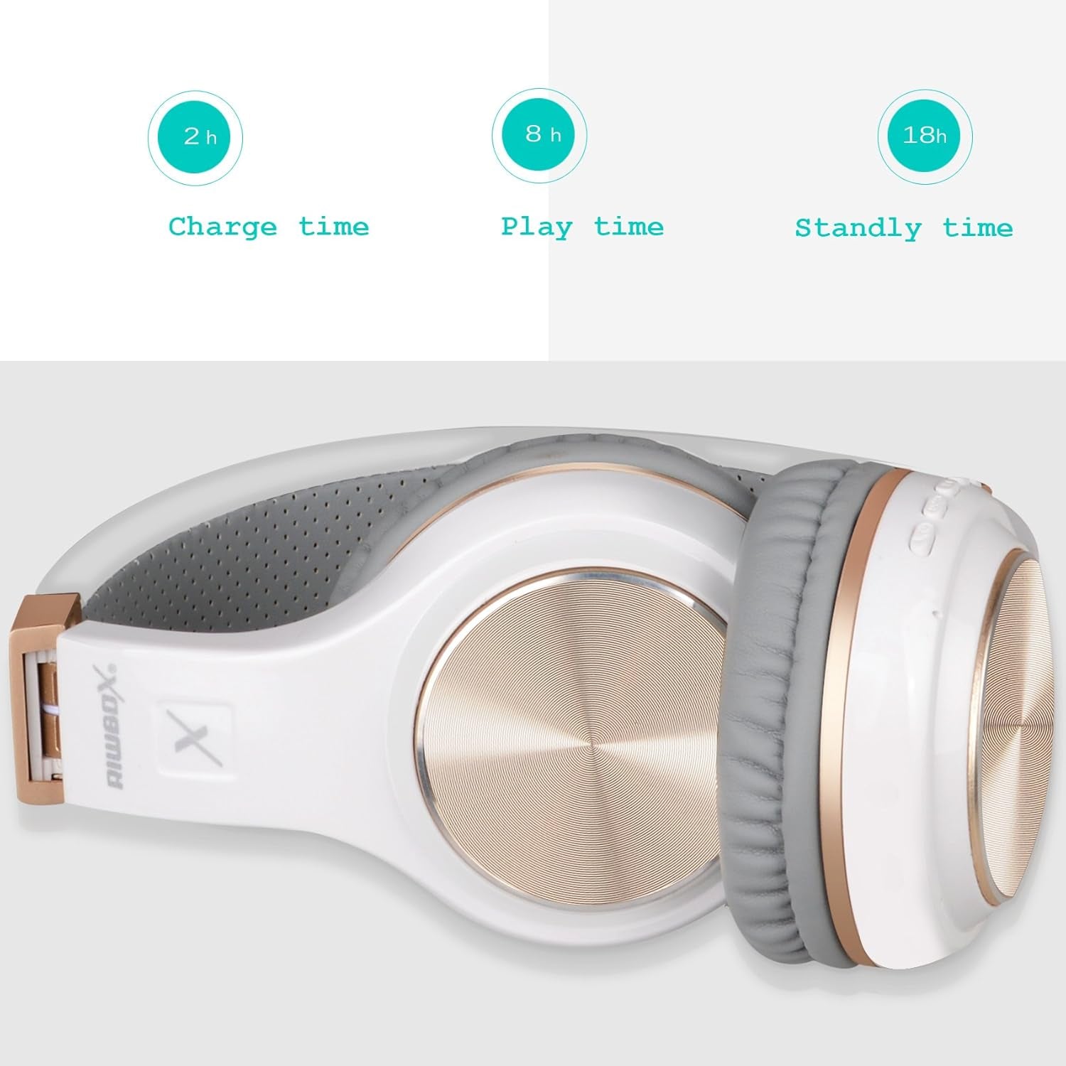 Bluetooth Headphones, XBT-80 Folding Stereo Wireless Bluetooth Headphones over Ear with Microphone and Volume Control, Wireless and Wired Headset for Pc/Cell Phones/Tv/Gym (White Gold)