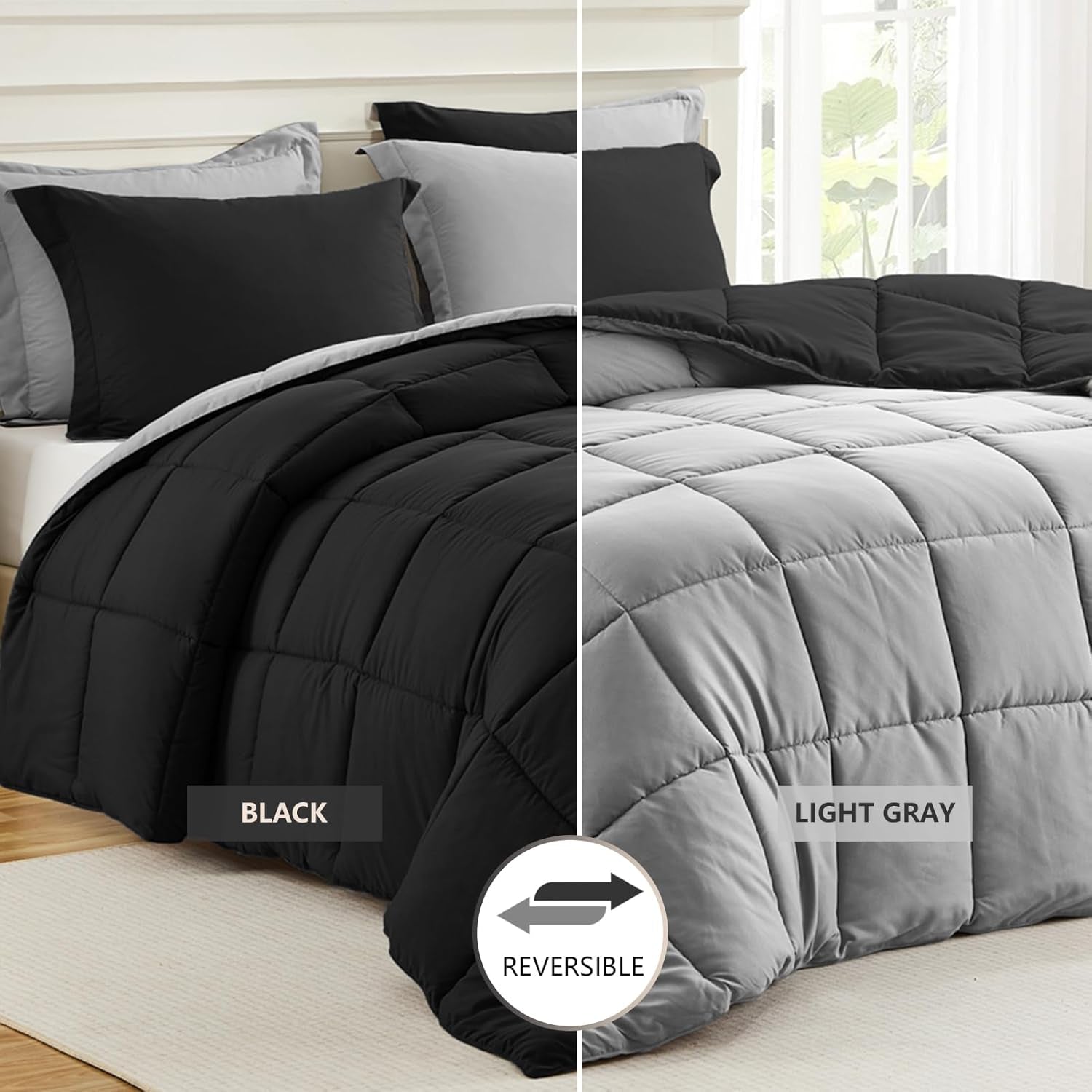 King Size Comforter Set Black, Comforter King Size Bed Set Lightweight Reversible down Alternative Bed Comforters Soft All Season 3 Piece Sets with 2 Sham Black/Light Grey