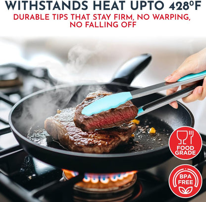 Kitchen Tongs for Cooking with Silicone Tips, Heat Resistant Tongs for Serving Food, 7-Inch, 9-Inch, 12-Inch Locking Silicone Tong, Set of 3 Salad Tong, Aqua Kitchen Utensils