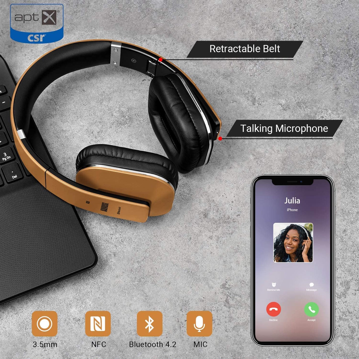 EP650 Bluetooth over Ear Wireless Stereo NFC 3.5Mm Headphones with Rechargeable Battery, Multipoint and Built-In Microphone for Mobile Phones, Iphone, Ipad, Laptops, Tablets, Smartphones - Gold